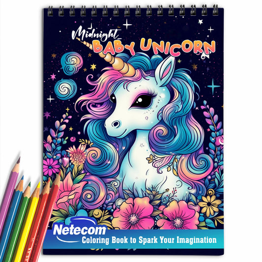 Midnight Baby Unicorn Spiral Bound Coloring Book, Unleash Your Creativity with 30 Coloring Pages, Featuring Sweet Illustrations of Baby Unicorns in Dreamy Settings