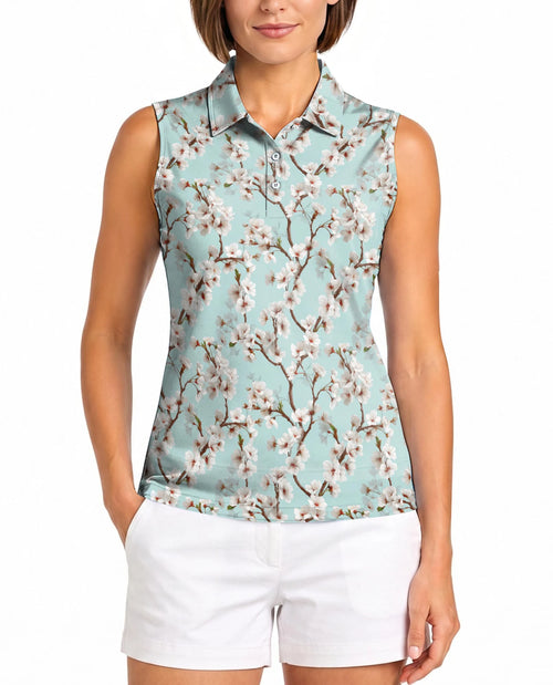 White Sakura Cherry Blossom Sleeveless Polo Shirt for Women – Elegant Floral Style | Netecom