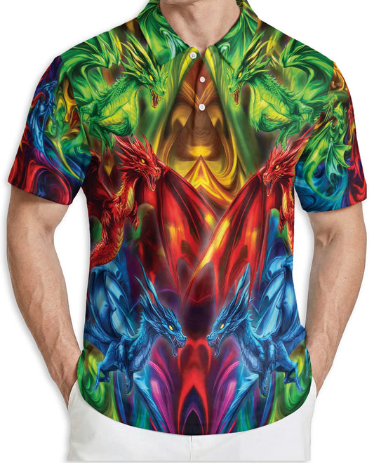 Colorful Dragon 3D Polo Shirt for Men – Fantasy Fire Art Style | Netecom
