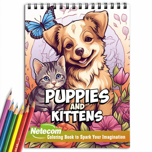 Puppies and Kittens Spiral Bound Coloring Book, Unleash Your Creativity with 30 Coloring Pages, Inviting You to Add Color and Life to Playful Puppies and Kittens