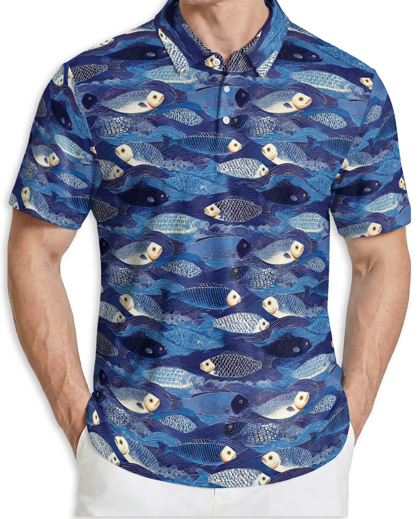 Blue Coastal Fish Polo Shirt for Men- Ocean Fish Pattern | Netecom