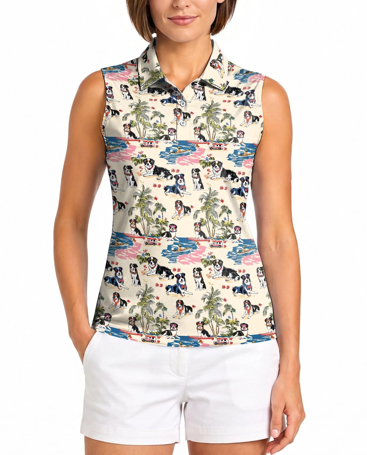 Australian Shepherd Summer Beach Sleeveless Polo Shirt for Women | Netecom