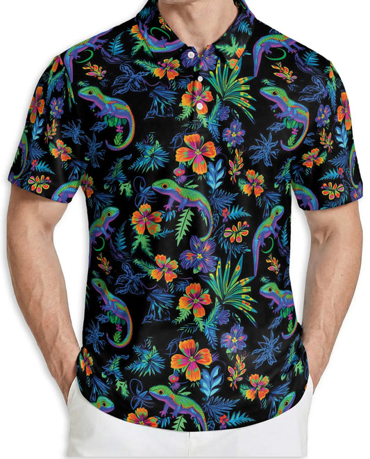 Colorful Chameleon 3D Polo Shirt for Men – Tropical Floral Reptile Style | Netecom