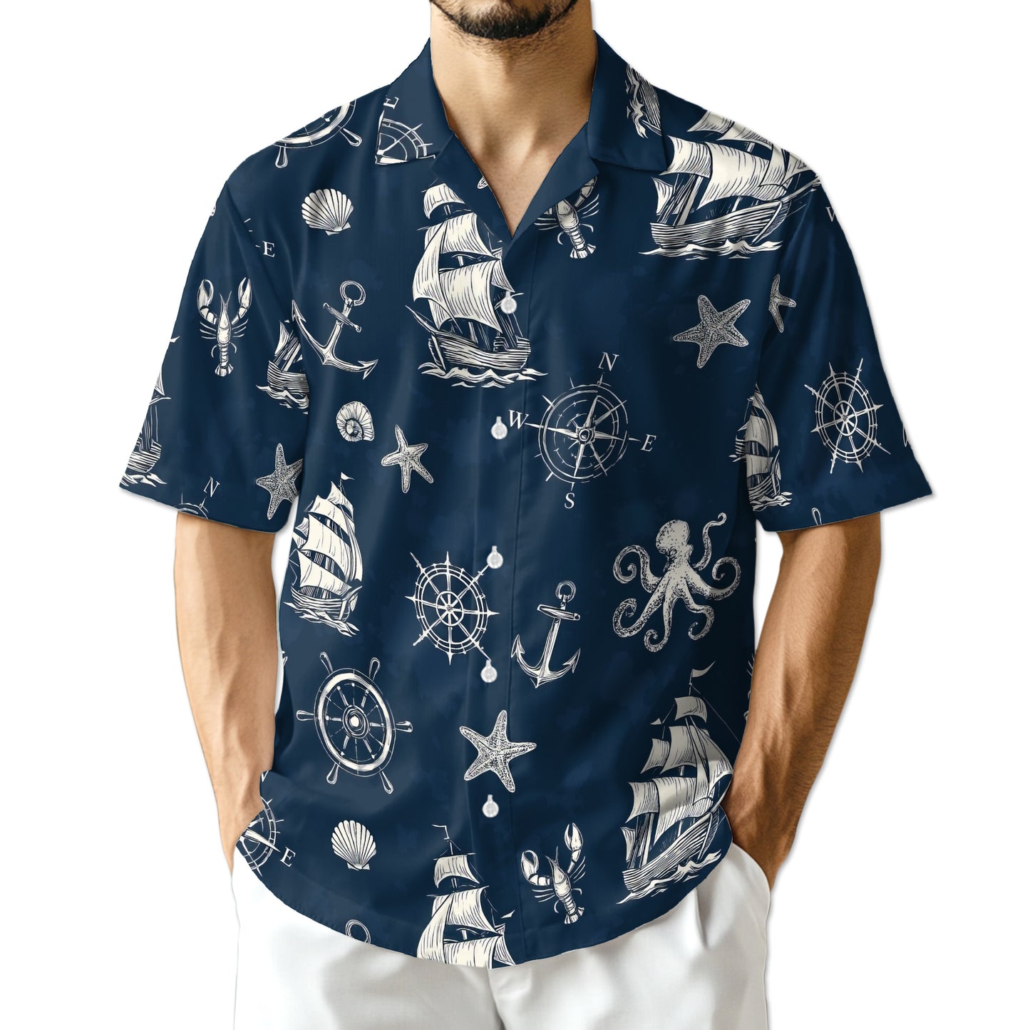 Netecom Tropical Anchor Hawaiian Shirt for Men Women, Sea Animal Button Down Summer Beach Short Sleeve Shirts