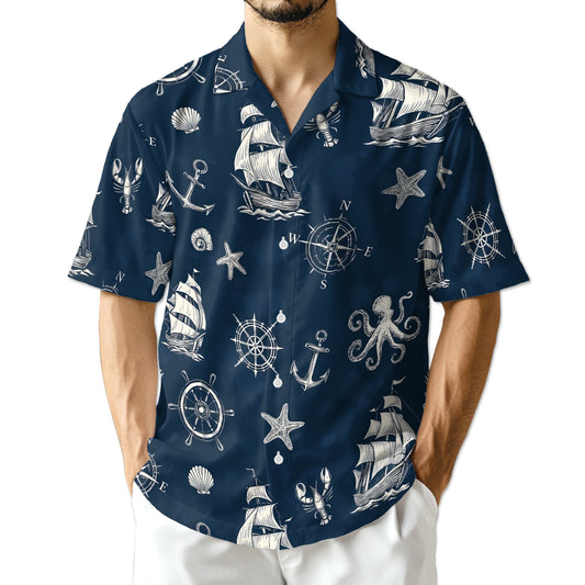 Netecom Tropical Anchor Hawaiian Shirt for Men Women, Sea Animal Button Down Summer Beach Short Sleeve Shirts