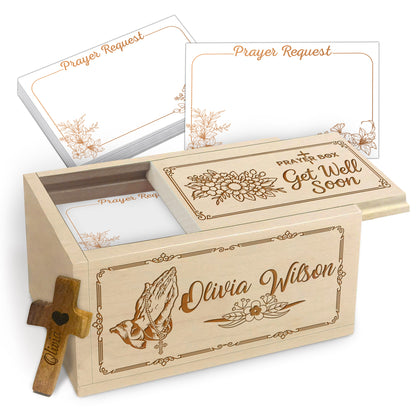Netecom Personalized Get Well Prayer Box with Custom Name & Wooden Cross, Christian Comfort Gift with 100 Prayer Request Cards, Faith Healing Keepsake