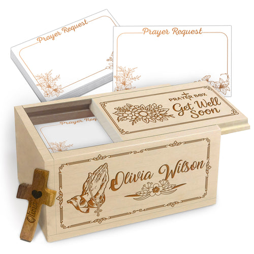 Netecom Personalized Get Well Prayer Box with Custom Name & Wooden Cross, Christian Comfort Gift with 100 Prayer Request Cards, Faith Healing Keepsake