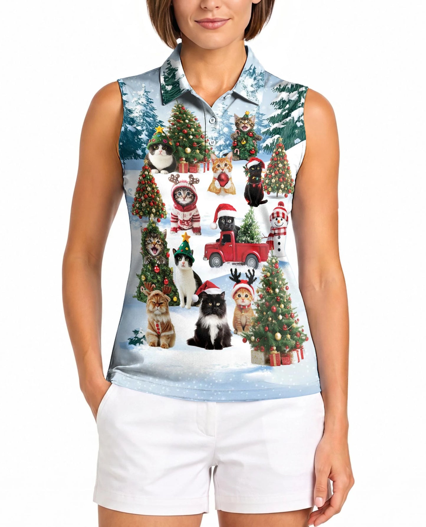 Cat Christmas Santa Sleeveless Polo Shirt for Women | Netecom