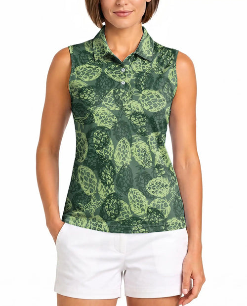 Hops Pattern Sleeveless Polo Shirt for Women – Botanical Craft Style | Netecom