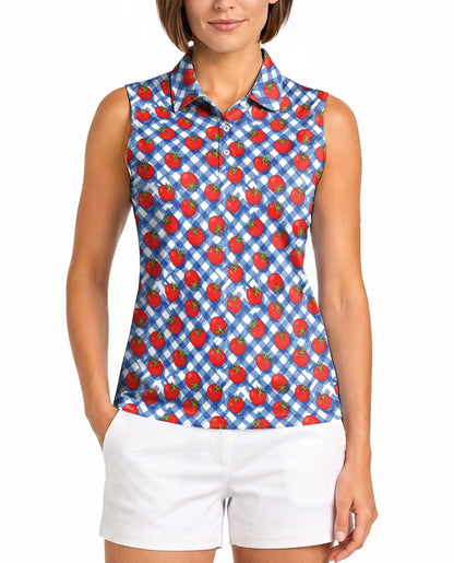 Tomato Gingham Pattern Sleeveless Polo Shirt for Women | Netecom