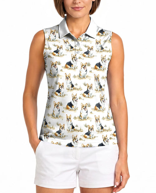 Smiling Corgi Sleeveless Polo Shirt for Women | Netecom