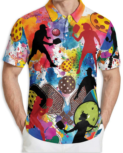 Colorful Pickleball Art 3D Polo Shirt for Men – Retro Sports Player Style | Netecom