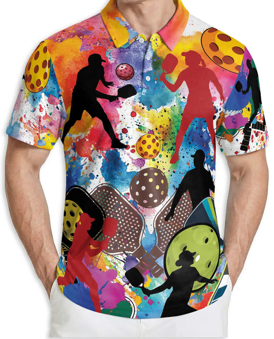 Colorful Pickleball Art 3D Polo Shirt for Men – Retro Sports Player Style | Netecom