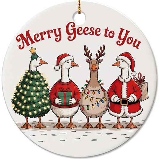 Netecom Cute Goose Family Ornaments, Merry Geese to You Ceramic Ornament for Christmas Tree Hanging Decorations Gift, Farmhouse Decor, Gifts for Farmer, Holiday Party Present