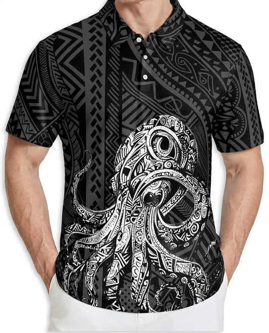 Tribal Octopus Polynesian 3D Polo Shirt for Men – Ocean Tattoo Island Style | Netecom