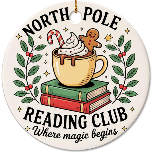 Netecom Classic Reading Book and Coffee Cup Ornament, Reading Club Ceramic Ornament for Xmas Tree Hanging Decorations Gift, Book Lover Gifts for Women Librarian Teacher Bookworm Literature