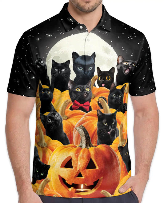 Black Cat Halloween Polo Shirt - Pumpkin Moon Night Style | Netecom