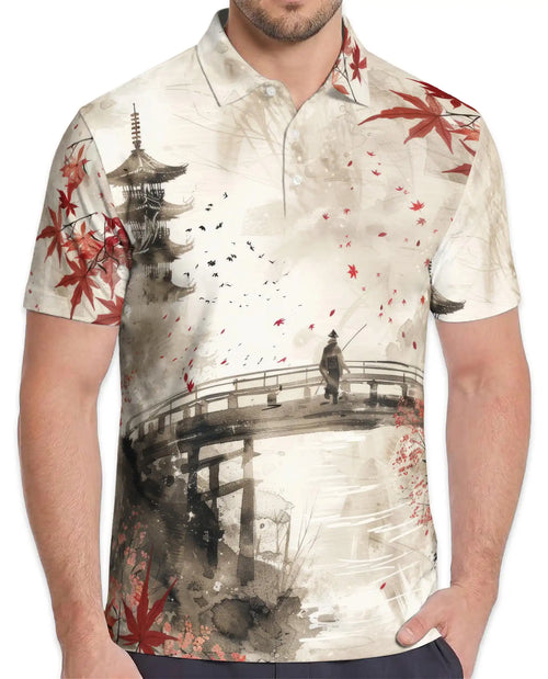 Japanese Ink Landscape Polo Shirt - Zen Asian Art Style | Netecom