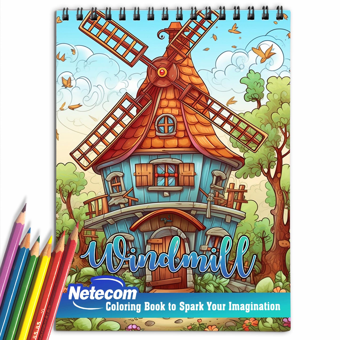 Windmill Spiral Bound Coloring Book, Unleash Your Creativity with 30 Coloring Pages, Featuring Delightful Windmills in Picturesque Rural Settings