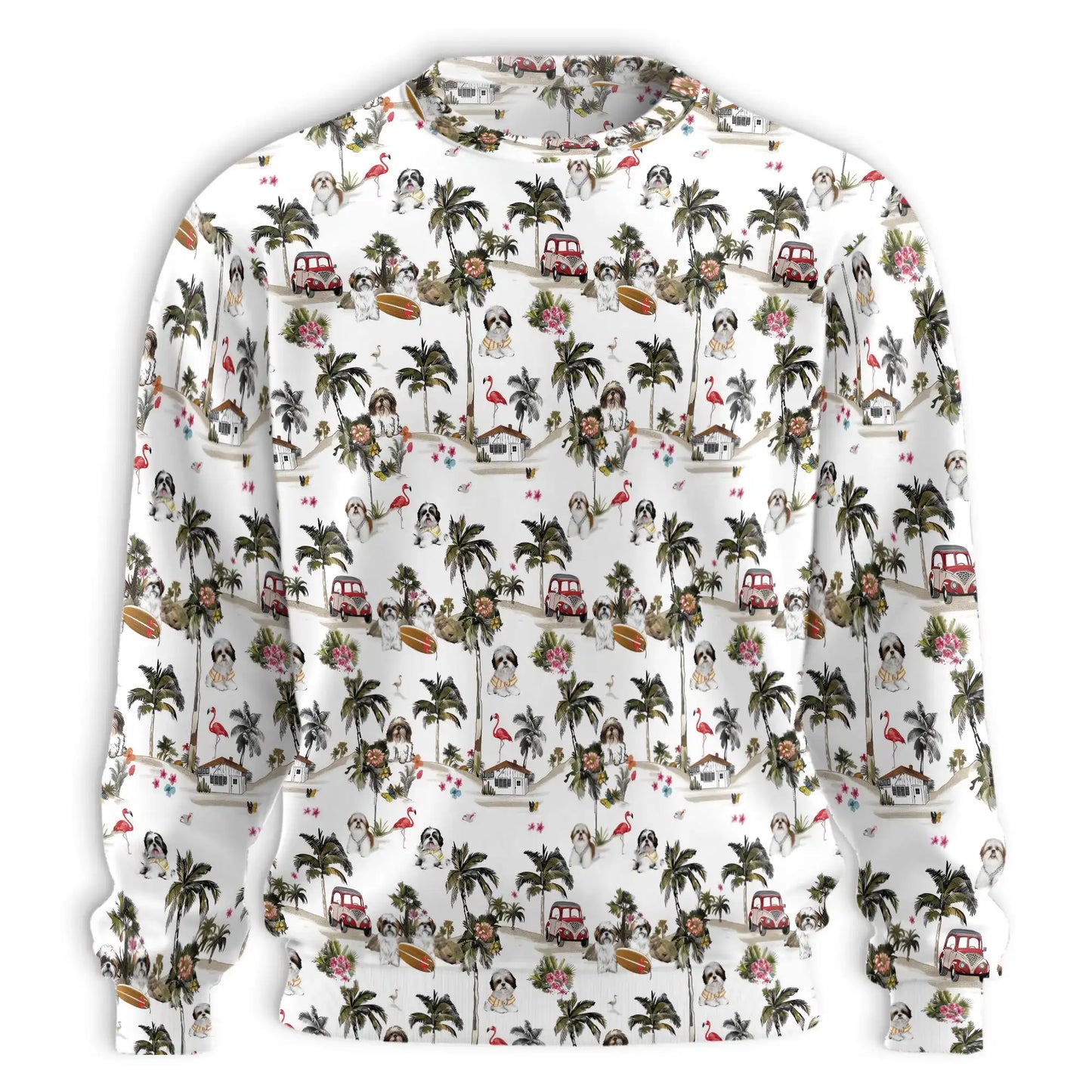 Shih Tzu Vintage Camper Flamingo Sweatshirt, 3D All Over Print Tropical Dog Adventure Crewneck Pullover for Men Women, Shih Tzu Lover Gift - Netecom