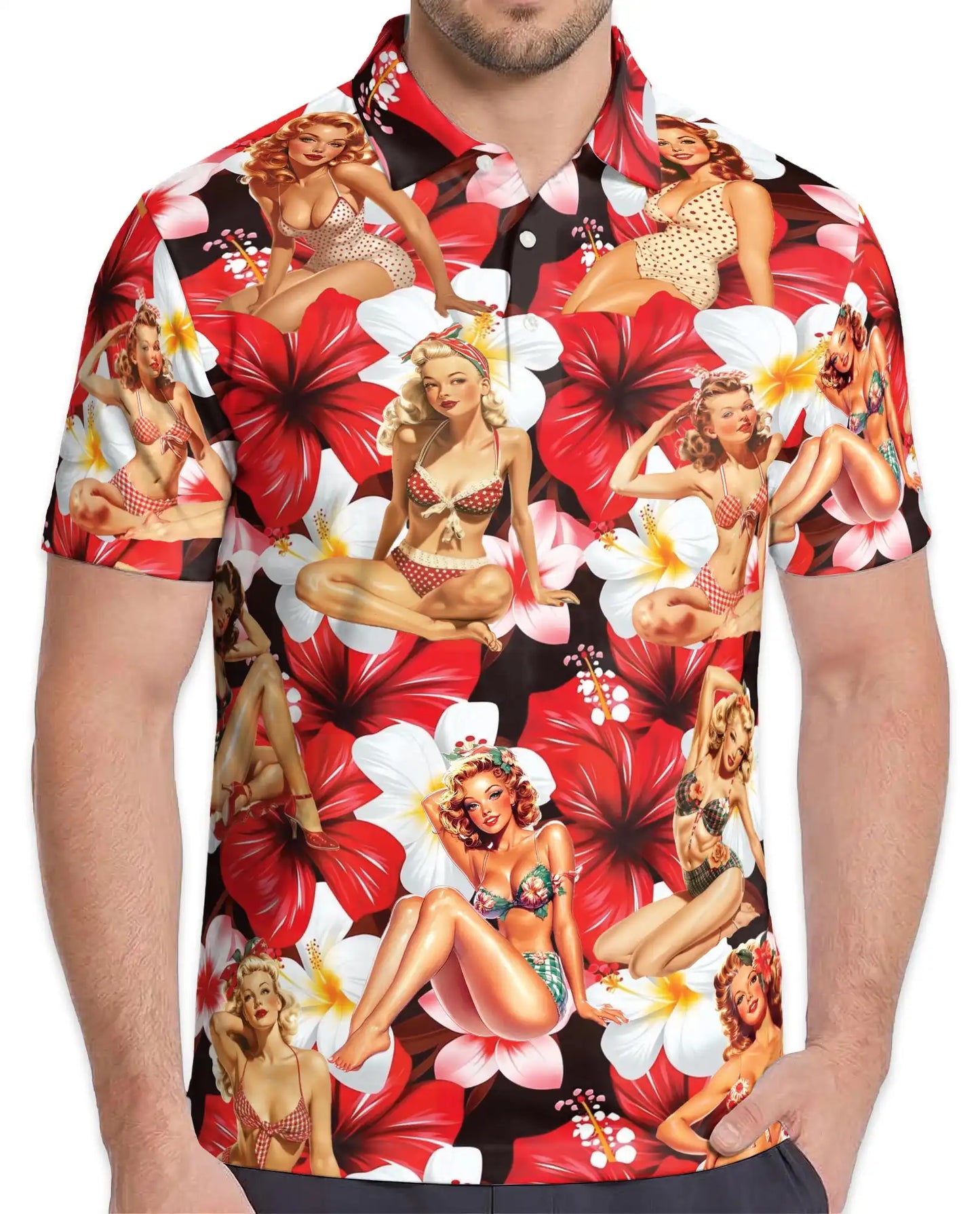 Pin Up Girl Polo Shirt – Retro Tropical Floral Print | Netecom