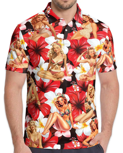 Pin Up Girl Polo Shirt – Retro Tropical Floral Print | Netecom