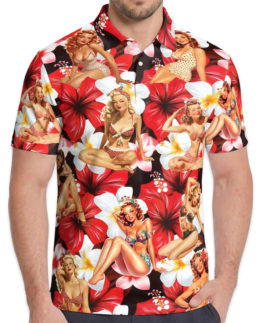 Pin Up Girl Polo Shirt – Retro Tropical Floral Print | Netecom