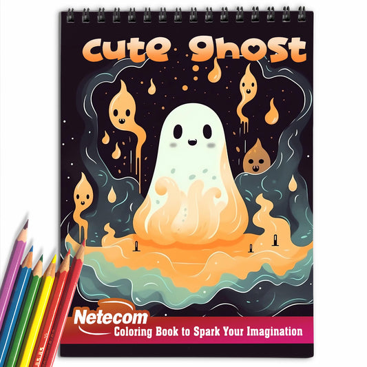 Cute Ghost Spiral Bound Coloring Book, Embrace the Adorable with 30 Coloring Pages, Depicting Cute Ghosts in Whimsical Scenes