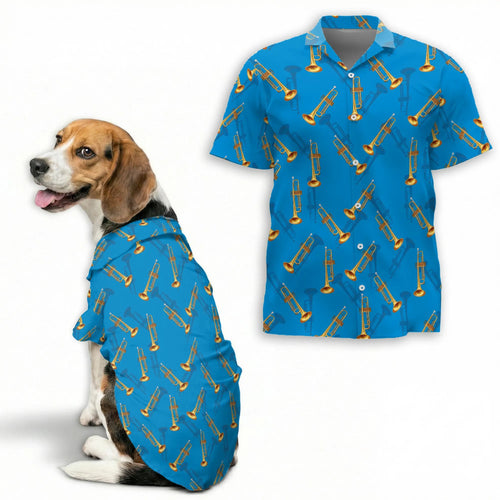 Trombone Pattern Print Hawaii Dog and Owner Matching Musical Instruments Button Shirts