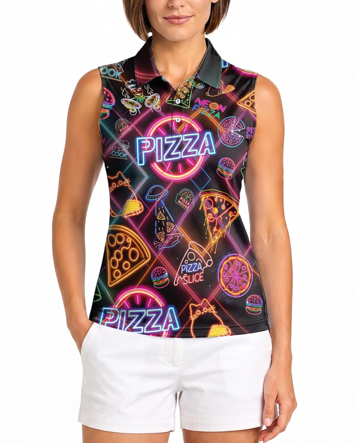 Neon Pizza Sleeveless Polo Shirt for Women – Fun Food Lover Style | Netecom