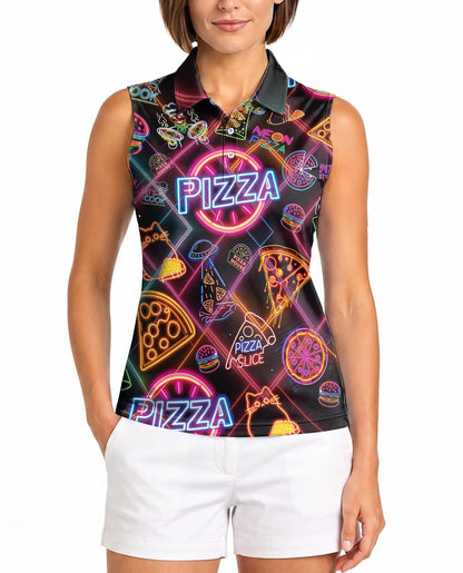 Neon Pizza Sleeveless Polo Shirt for Women – Fun Food Lover Style | Netecom