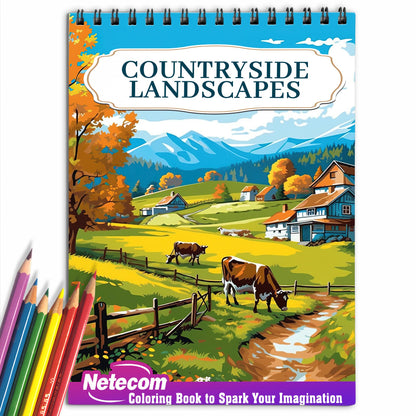 Countryside Landscapes Spiral Bound Coloring Book, Enchanting Rural Vistas, Immerse Yourself in the Serenity of Countryside Landscapes