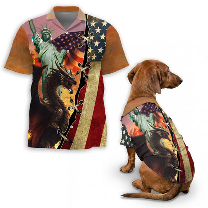 Netecom Matching Dragon US Flag Hawaiian Shirt for Dog and Owner, Patriotic Aloha Summer Shirt, Dragon Flag Print Button Down Outfit for Pet and Human, Beach Vacation Casual Wear