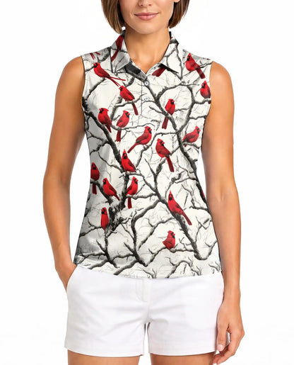 Red Cardinals Sleeveless Polo Shirt for Women – Elegant Bird Nature Style | Netecom