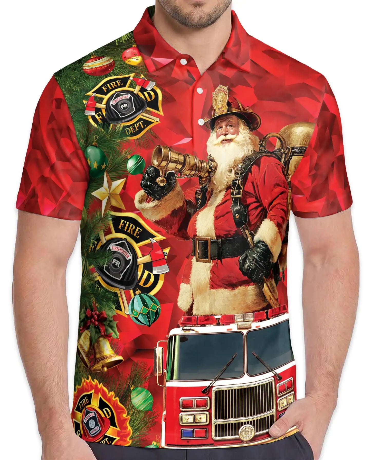 Firefighter Santa Christmas Polo Shirt, Fire Truck Holiday Style | Netecom