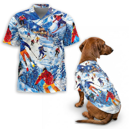 Netecom Matching Vintage Skiing Hawaiian Shirt for Dog and Owner, Aloha Summer Shirt, Retro Ski Print Outfit for Pet and Human, Beach Vacation Casual Wear