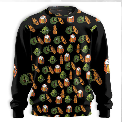 Funny Beer Hops Barley Sweatshirt, 3D All Over Print Brewing Crewneck Pullover for Men Women, Beer Lover Gift - Netecom
