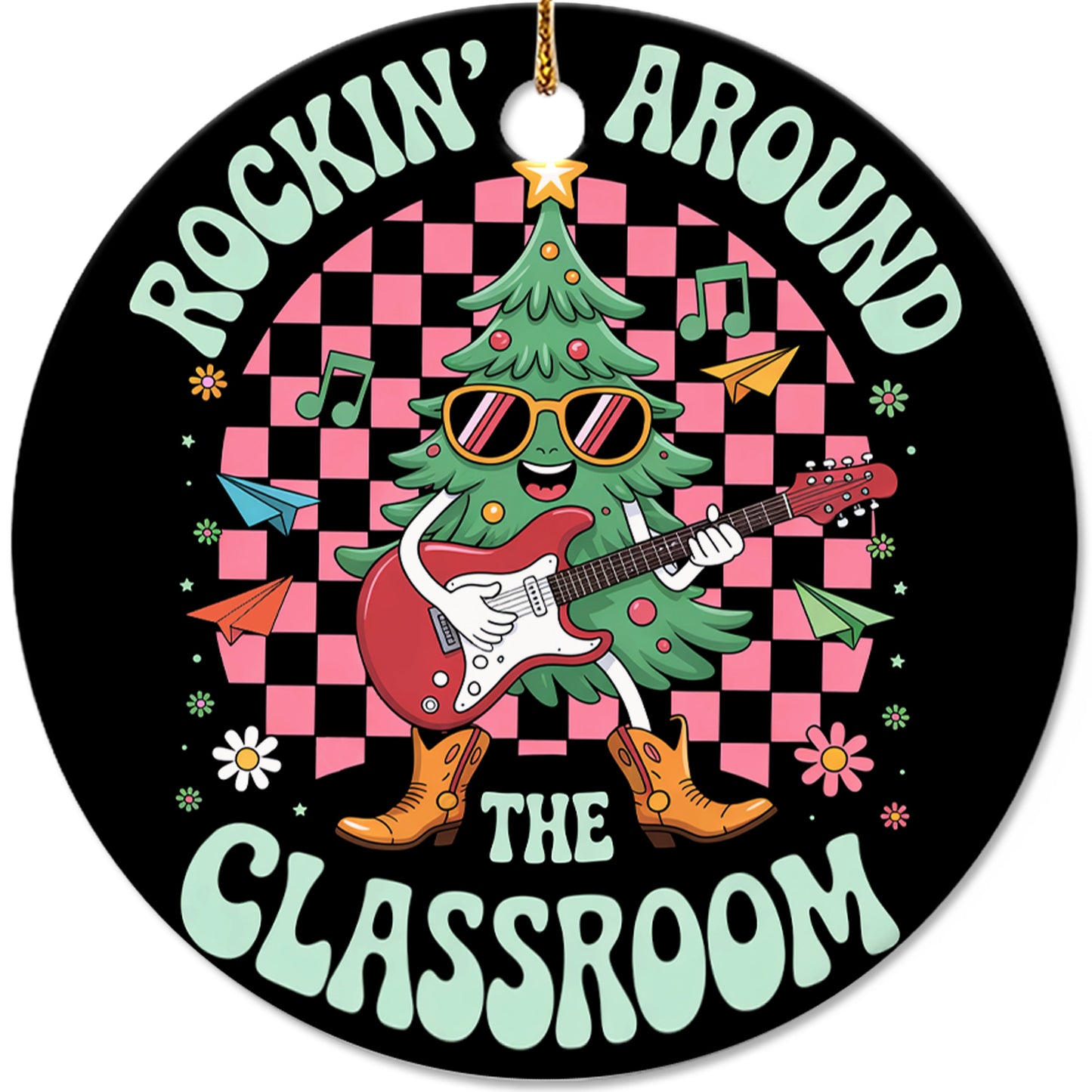Netecom Funny Christmas Rock Ornament, Rockin' Around The Classroom Ceramic Ornament for Xmas Tree Hanging Decorations Gift, Gifts for Guitar Player Music Enthusiasts, Holiday Party Present
