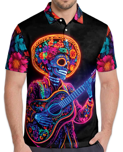 Day of the Dead Skeleton Guitar Polo Shirt for Men – Rock Skull Style | Netecom