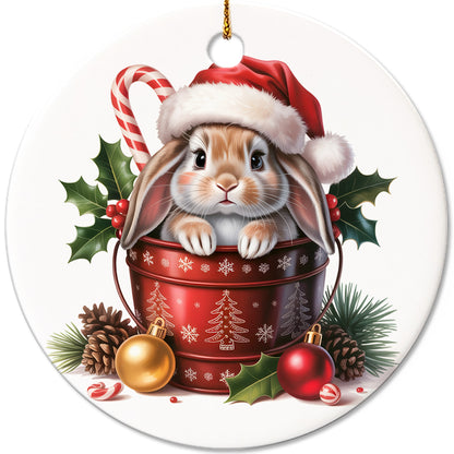 Netecom Adorable Rabbit in Bucket Ornament, Bunny with Santa Hat Ceramic Ornament for Christmas Tree Hanging Decorations Gift, Rabbit Lover Gifts, Home Decor, Holiday Party Present