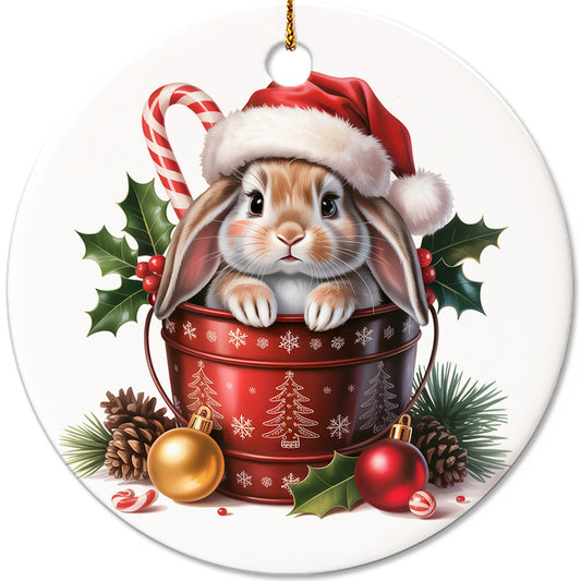 Netecom Adorable Rabbit in Bucket Ornament, Bunny with Santa Hat Ceramic Ornament for Christmas Tree Hanging Decorations Gift, Rabbit Lover Gifts, Home Decor, Holiday Party Present