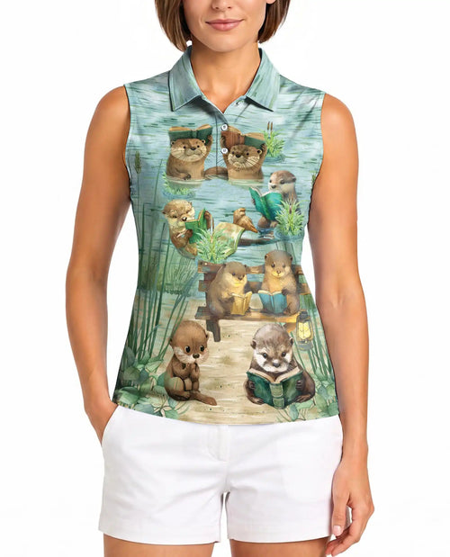 Cute Otter Reading Book Sleeveless Polo Shirt for Women – Animal Lover Style | Netecom