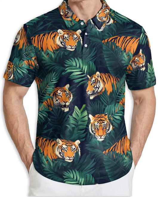Tiger Jungle 3D Polo Shirt for Men – Wild Animal Tropical Leaf Style | Netecom