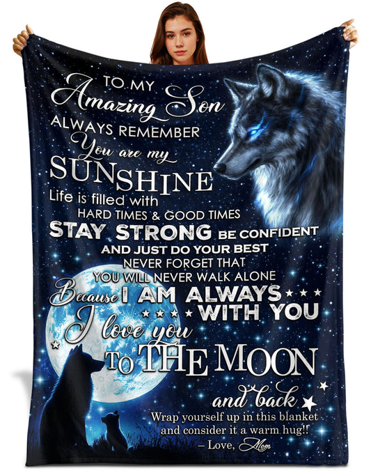 Netecom Personalized Wolf To My Amazing Son Blanket from Mom, Custom Moon and Wolf Throw Blanket for Couch, Bed or Sofa, Ultra Soft Warm Gift for Son’s Birthday, Anniversary and Christmas