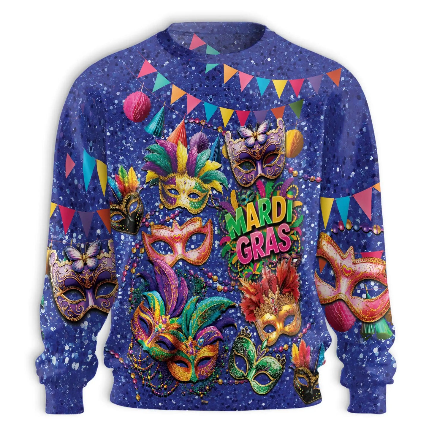 Colorful Mardi Gras Feathers and Beads Sweatshirt, 3D All Over Print Carnival Celebration Crewneck Pullover for Men Women, Mardi Gras Gift - Netecom