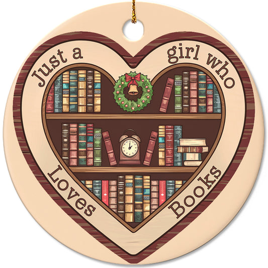 Netecom Just a Girl Who Loves Books Ornament, Bookshelf Heart Ceramic Ornament for Christmas Tree Hanging Decorations Gift, Book Lover Gifts for Women Librarian Teacher Bookworm, Party Present