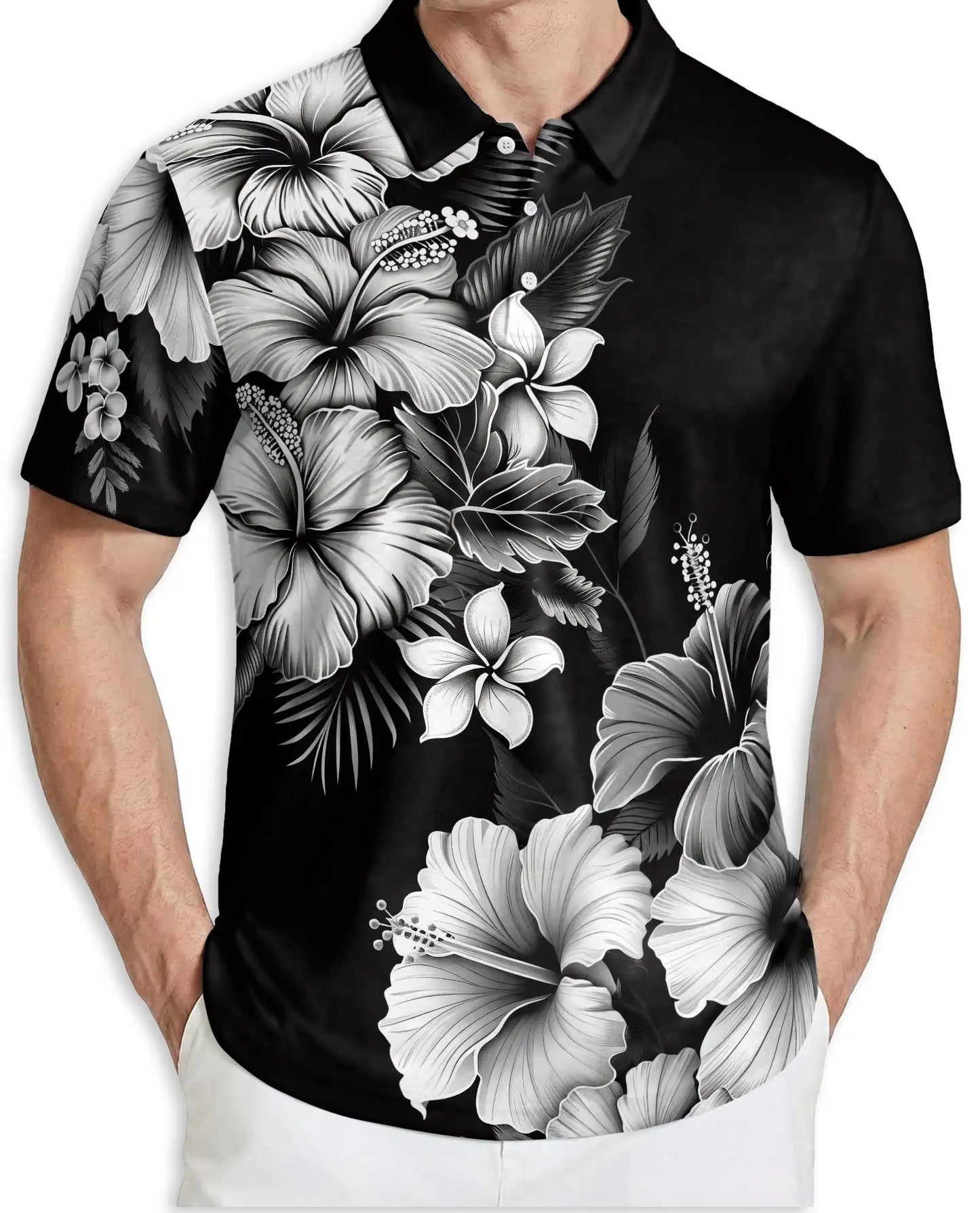 Black White Hibiscus Floral Polo Shirt for Men-Tropical Flower Summer | Netecom