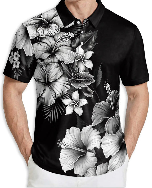 Black White Hibiscus Floral Polo Shirt for Men-Tropical Flower Summer | Netecom