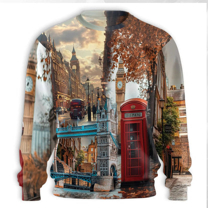 London Street Sweatshirt, 3D All Over Print Iconic City Landscape Crewneck Pullover for Men Women, UK Travel Lover Gift - Netecom