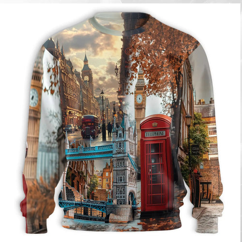 London Street Sweatshirt, 3D All Over Print Iconic City Landscape Crewneck Pullover for Men Women, UK Travel Lover Gift - Netecom